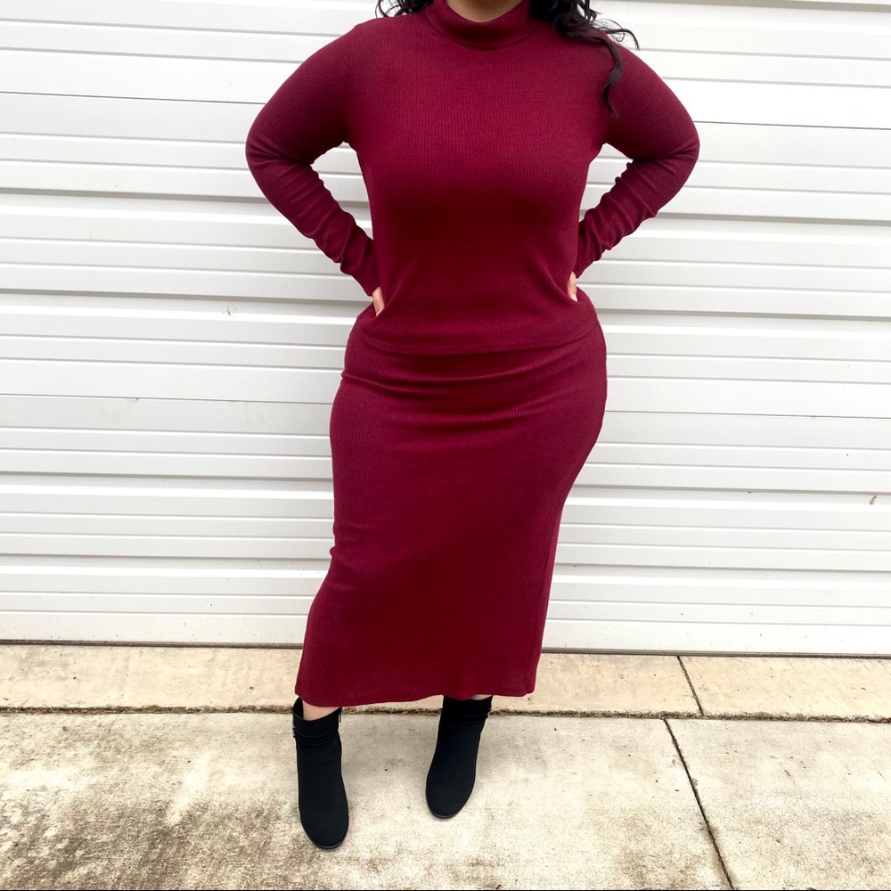 Two piece outfit skirt long sleeve shirt burgundy